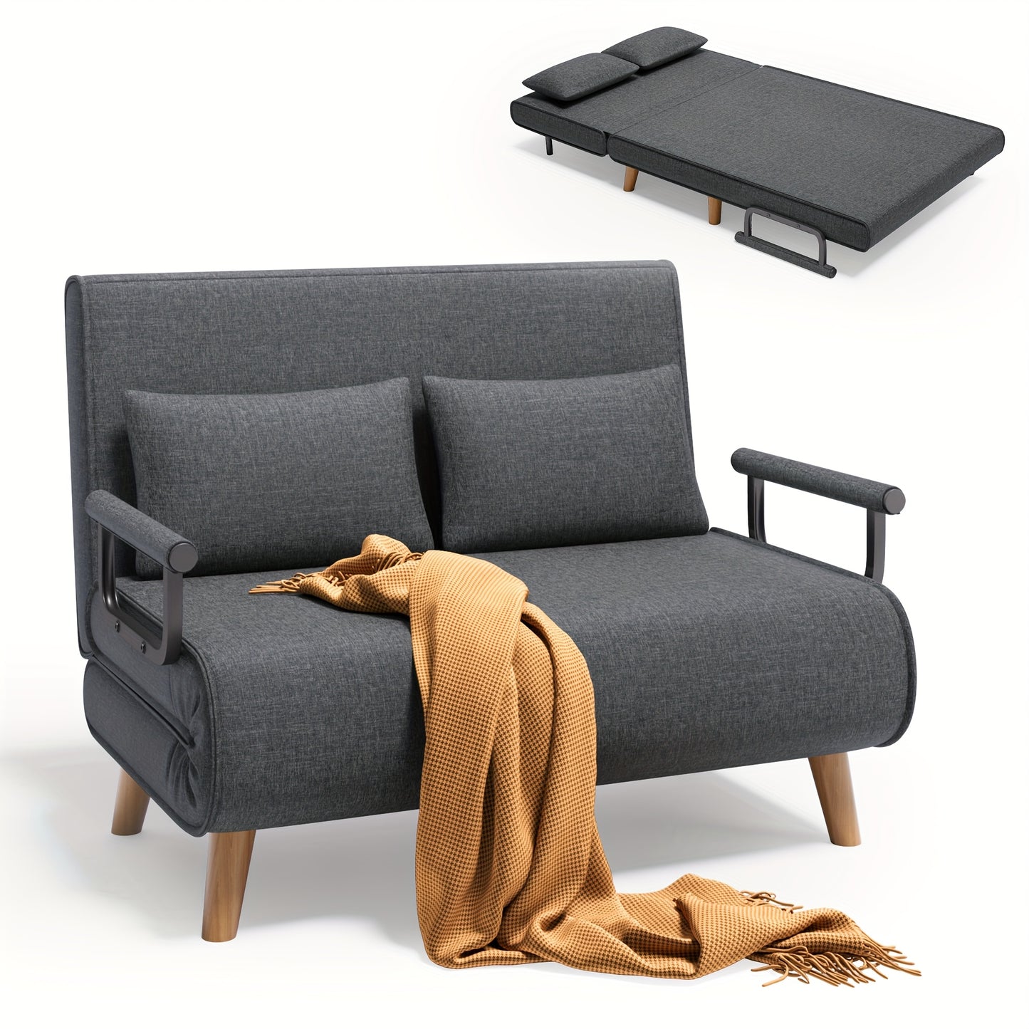 3-in-1 Slaapbank – Slaapbankje – Bedbank – Logeerbank – Verstelbare Bank – Donkergrijs – 6-standen Verstelbare Rugleuning – Massief Houten Frame – Pluche Kussens – Ruimtebesparend Design