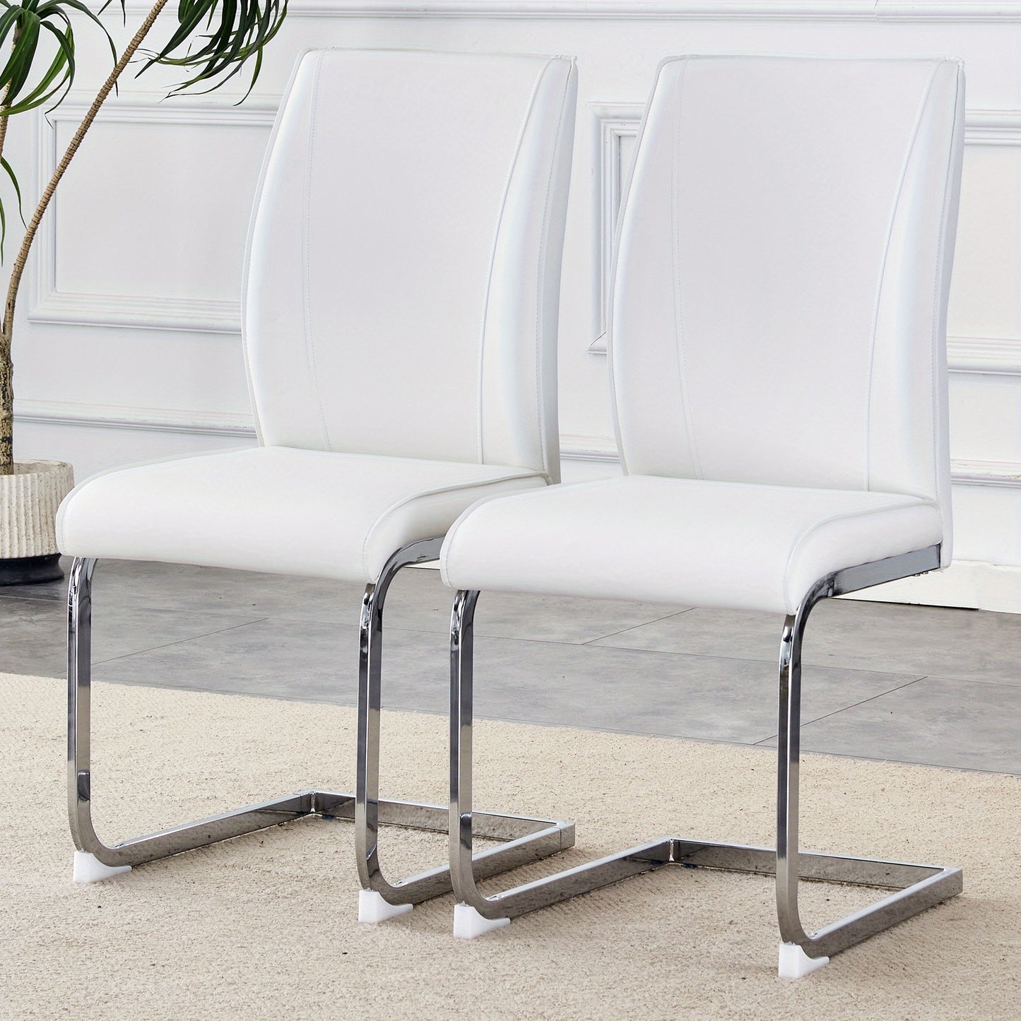 Eetkamerstoel – Stoel – Zithoekstoel – Keukenstoel – Accentstoel – Set Van 2 – Wit – Met Zilverkleurig Metalen Frame – Comfortabele Zitting