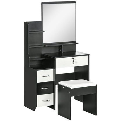 Make-up Tafel – Kaptafel – Schminktisch – Vanity Tafel – Make-up Organiser – Grote Spiegel – 4 Lades & Gestoffeerde Kruk – Zwart-Wit – Hout