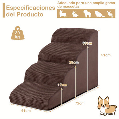 Hondenladder – Hondentrap – Hondenloopplank – Huisdierentrap – Antislip Corduroy Oppervlak – 4 Treden Met Zachte Schuimvulling – Wasbare Hoes – Brede, Diepe Treden – Koffie