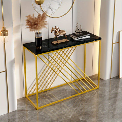 Sidetable – Entreetafel – Haltafel – Wandtafel – Bijzettafel – Zwart MDF Tafelblad – Gouden Metalen Onderstel – 100x35x77 cm – Stijlvol & Praktisch