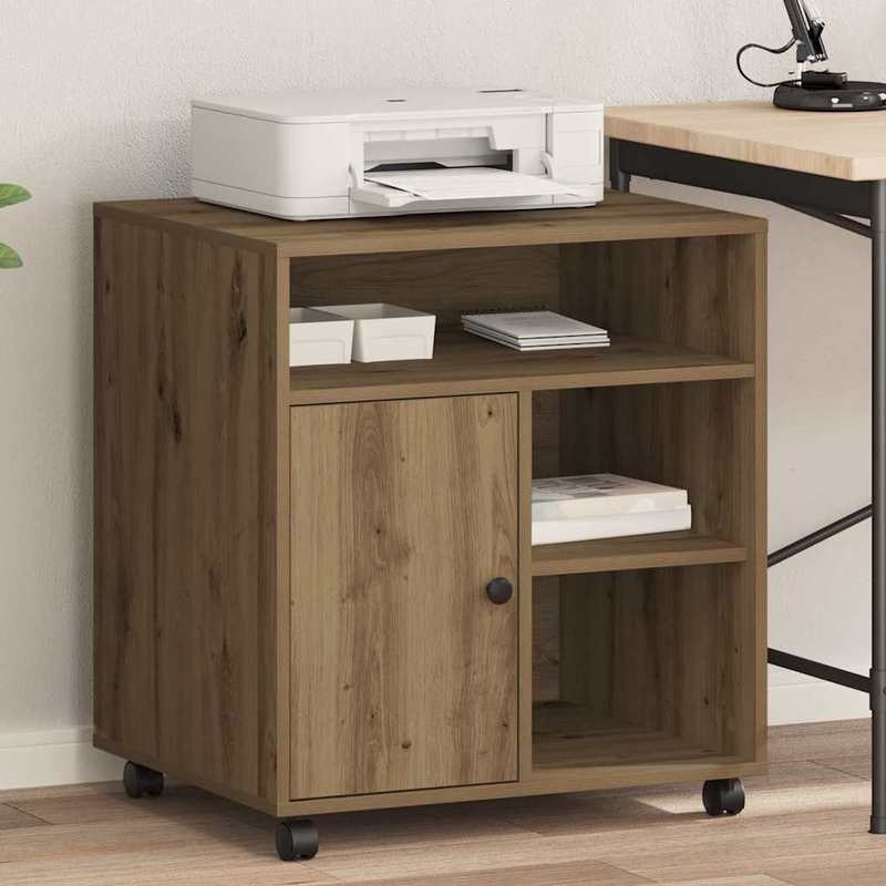 Oak Manual Printer Stand with 4-Wheel Mobility & Heavy-Duty Wood - Sturdy Space-Saving Desktop Organizer with Storage Shelves & Printer Cabinet for Office, Printer, Scanner, Books (Easy Assembly) -