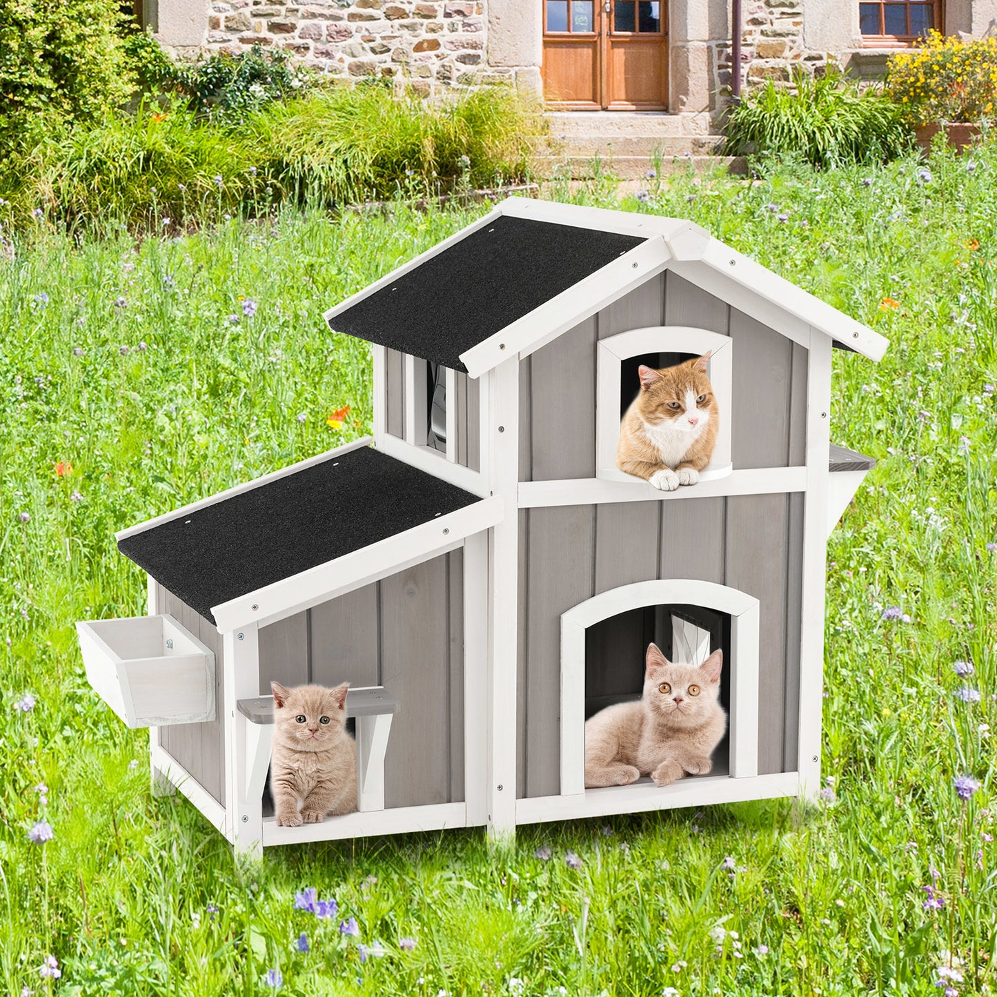 Kattenhuis – Kattenmand – Kattenhol – Kattenbed – Dierenhuis – Houten Kattenhuis Met Raam – Weerbestendig Bitumen Dak – 2 Springplatforms – 100x64x82,5 cm