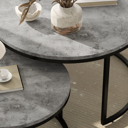 Salontafel Set – Bijzettafel – Koffietafel – Nachtkastje – Ronde Tafels – Grijs Marmerlook – Industrieel Design – Metalen Frame – Ruimtebesparend Schuifsysteem