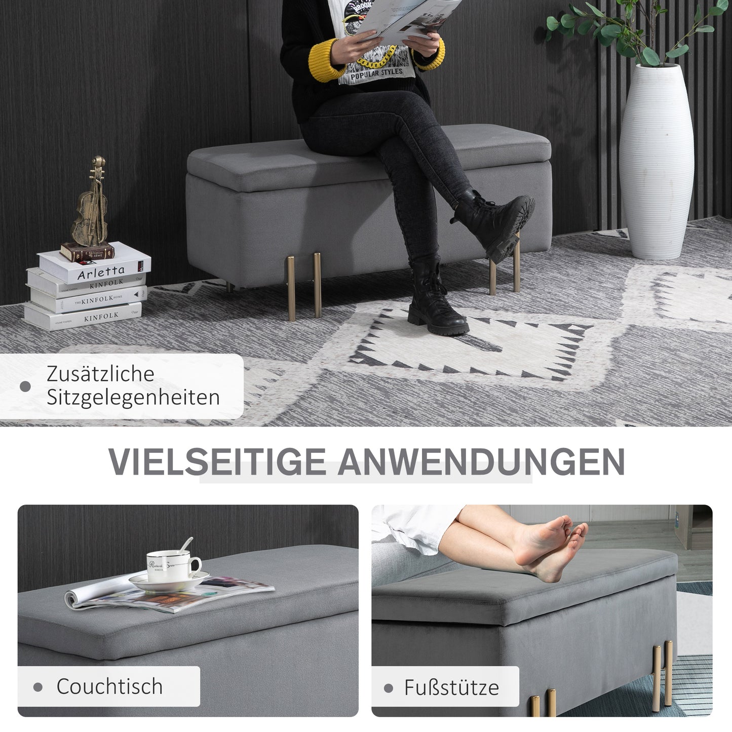 Bankje – Opbergbank – Zitbank – Opbergkist – Gestoffeerd – Donkergrijs – Met Opbergruimte – 100x40x42 cm – Rubberhout Frame – Metalen Poten