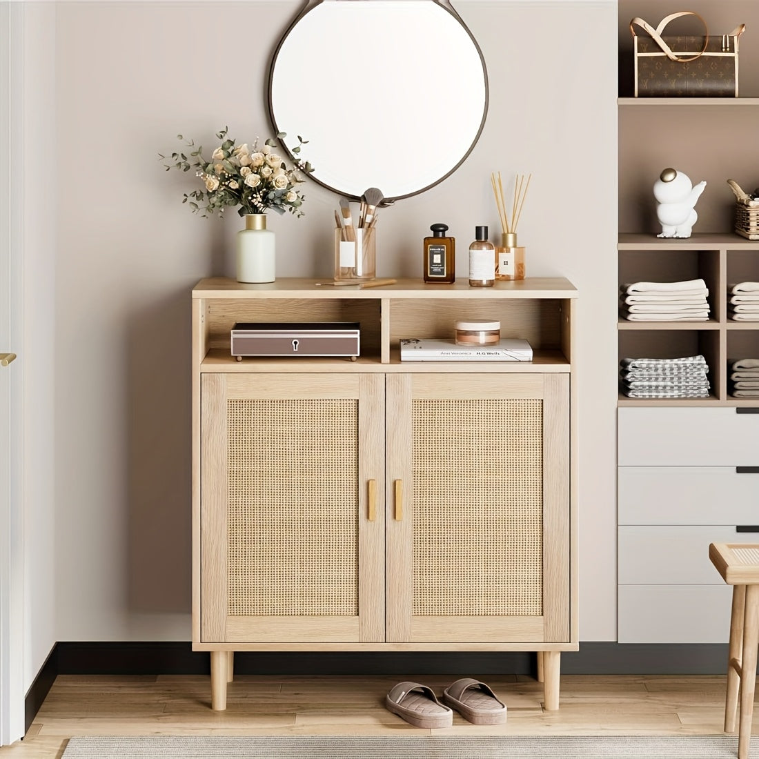 Rattan Sideboard – Buffetkast – Dressoir – Keukenkast – Opbergkast – Massief Hout & MDF – 3,2+ Kubieke Voet Opbergruimte – Freestanding 68,58 cm Hoog