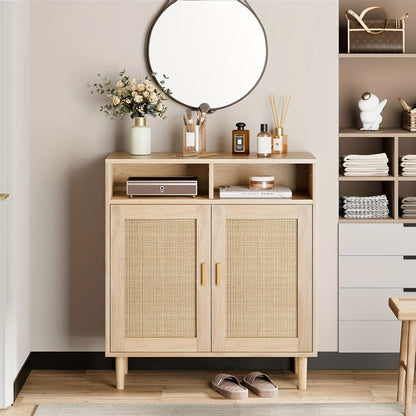 Rattan Sideboard – Buffetkast – Dressoir – Keukenkast – Opbergkast – Massief Hout & MDF – 3,2+ Kubieke Voet Opbergruimte – Freestanding 68,58 cm Hoog