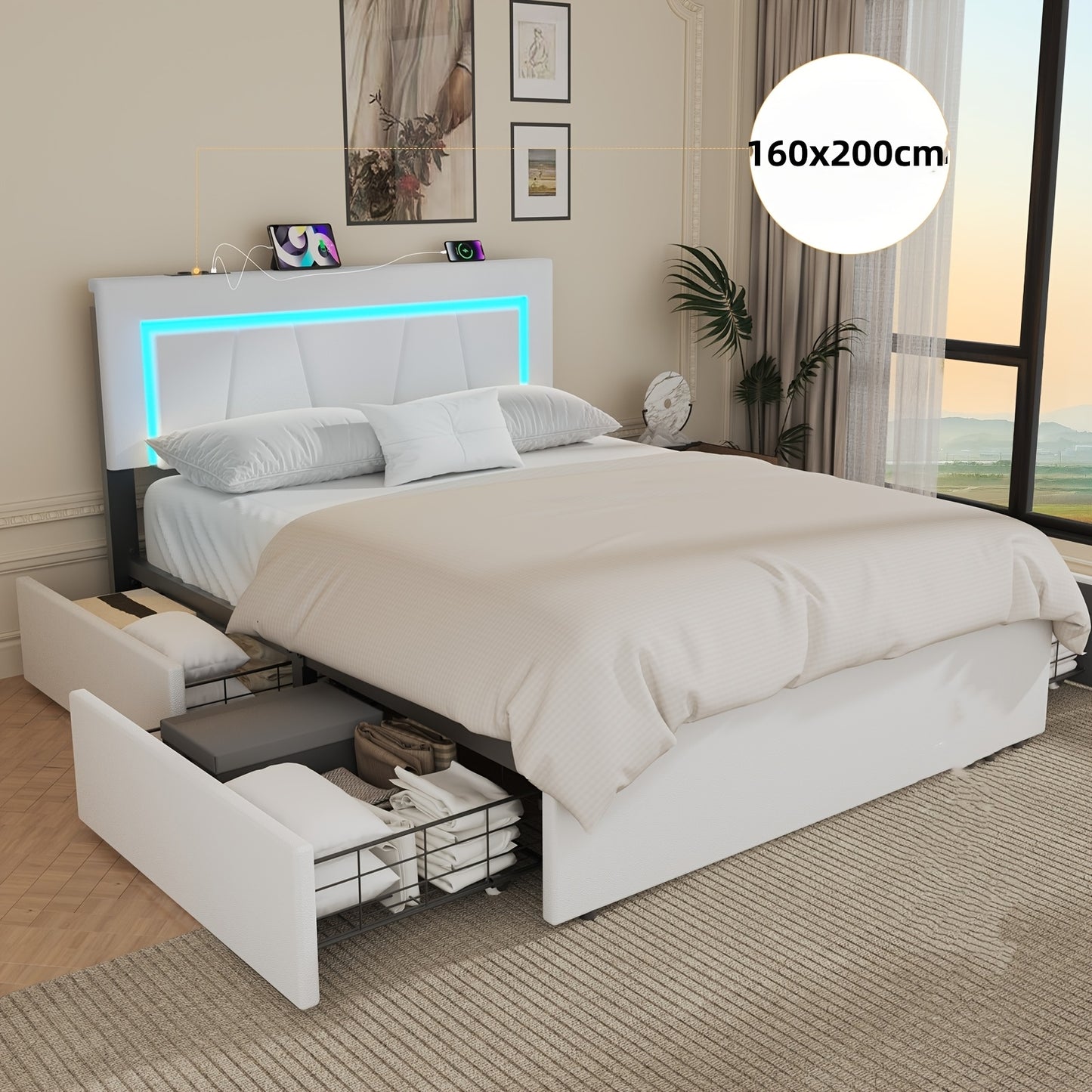 Gestoffeerd Tweepersoonsbed – Bedframe 160x200 – Opbergbed – Ladebed – Ruimtebesparend Bed – Met 4 Lades – Wit PU-Leer – Stevig Metalen Frame