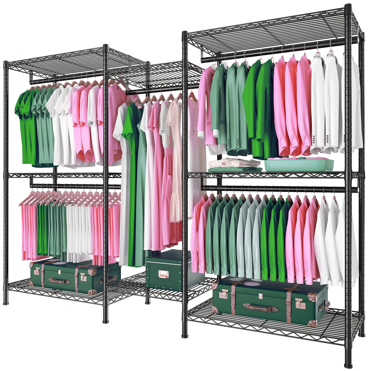 Kledingrek – Garderoberek – Kapstok – Opbergrek – Kledingstandaard – Zwaar Belastbaar Tot 408 KG – Carbon Staal Met 5 Hangstangen & 8 Schappen 195,58 CM Hoog