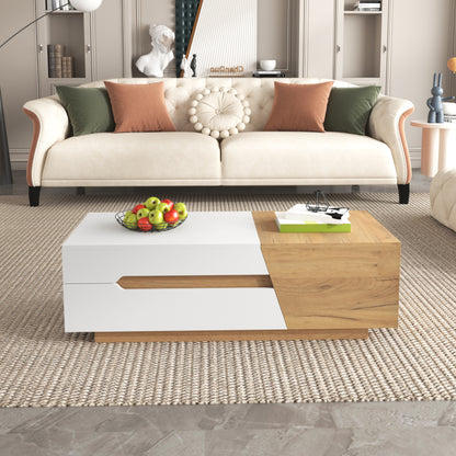 Salontafel – Koffietafel – Woonkamertafel – Bijzettafel – Uitschuifbare Tafel – MDF Houtlook Wit – Met Opberglades – 120x50x37,5 cm