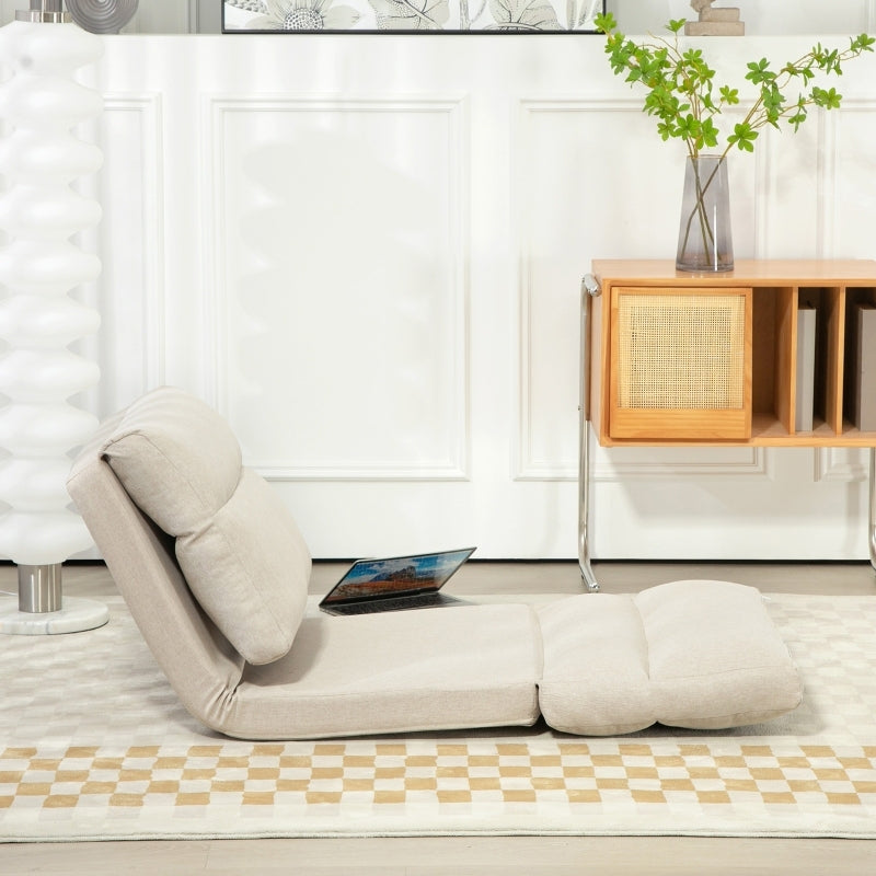Vloerstol – Vloerstolletje – Inklapbare Zitstoel – Relaxstoel – Vloerbed – Verstelbare Rugleuning 6-standen – Dikke Comfortabele Kussenlaag – Beige Linnenlook