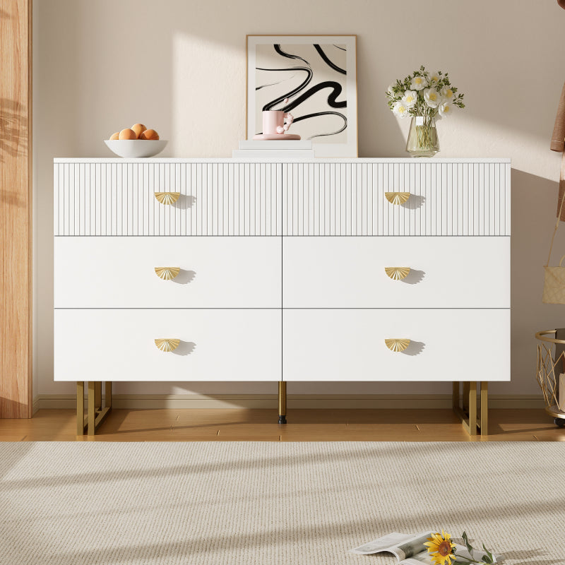 Modern Sideboard – Dressoir – Opbergkast – Ladekast – Sidecabinet – Wit Met Gouden Accenten – 6 Ruime Lades – Stevige MDF En Stalen Constructie