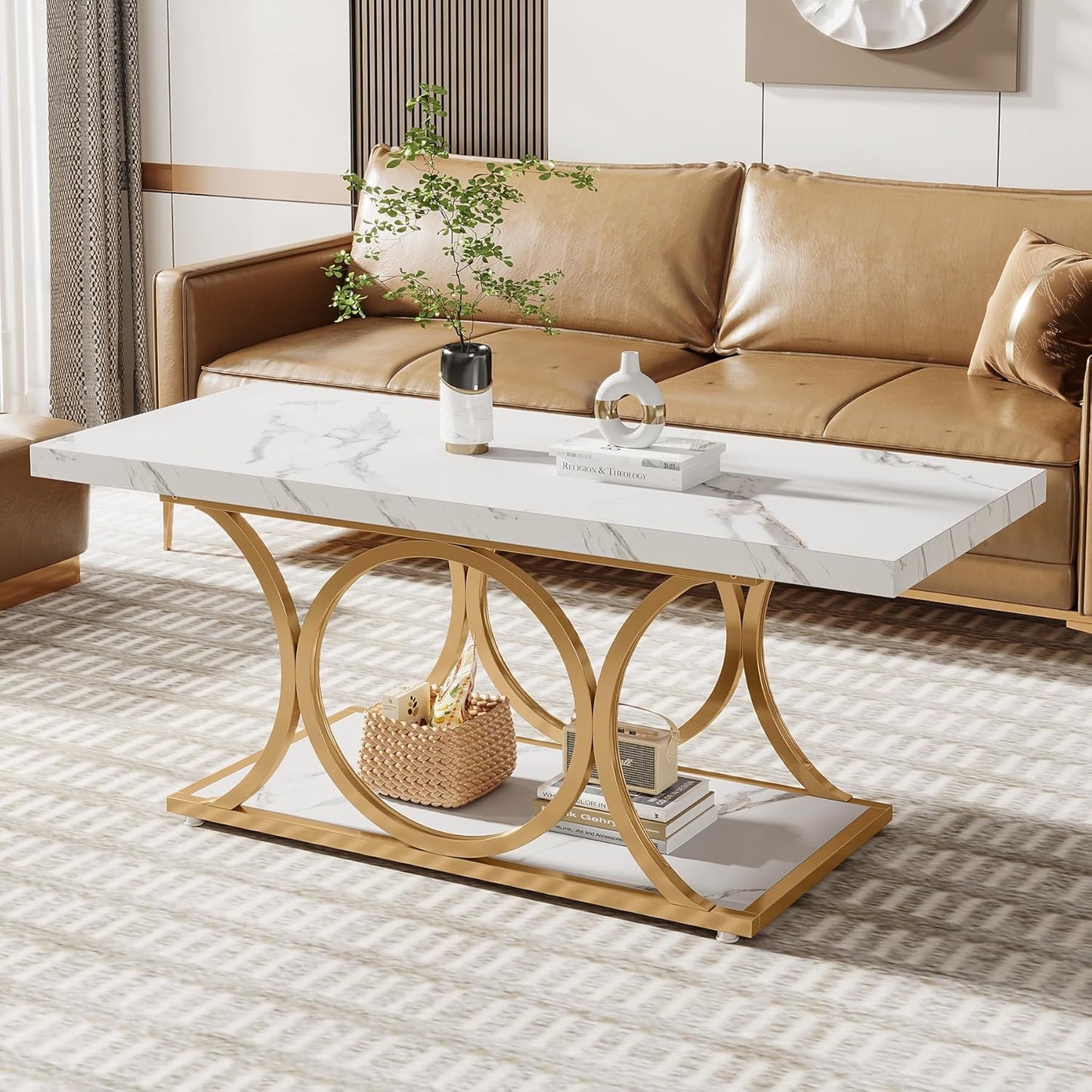 Salontafel – Koffietafel – Woonkamertafel – Tafel – Bijzettafel – Wit & Goud – 120 cm – 2-laags met Opbergruimte