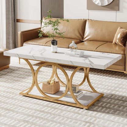Salontafel – Koffietafel – Woonkamertafel – Tafel – Bijzettafel – Wit & Goud – 120 cm – 2-laags met Opbergruimte
