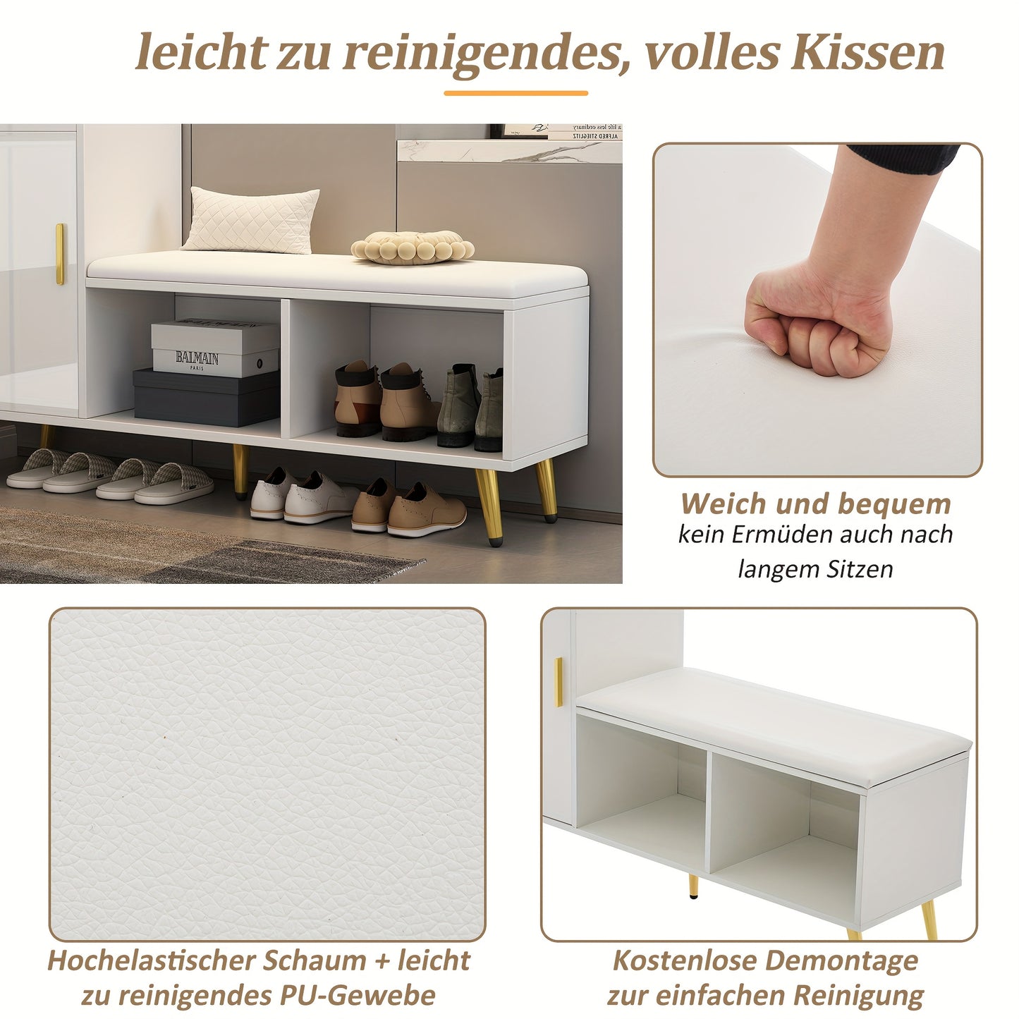 Schoenenkast – Schoenenrek – Schoenenopberger – Halkast – Schoenenbankje – Hoogglans Wit – Met Gouden Accenten – Comfortabel Bekleed Zitgedeelte