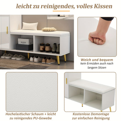 Schoenenkast – Schoenenrek – Schoenenopberger – Halkast – Schoenenbankje – Hoogglans Wit – Met Gouden Accenten – Comfortabel Bekleed Zitgedeelte