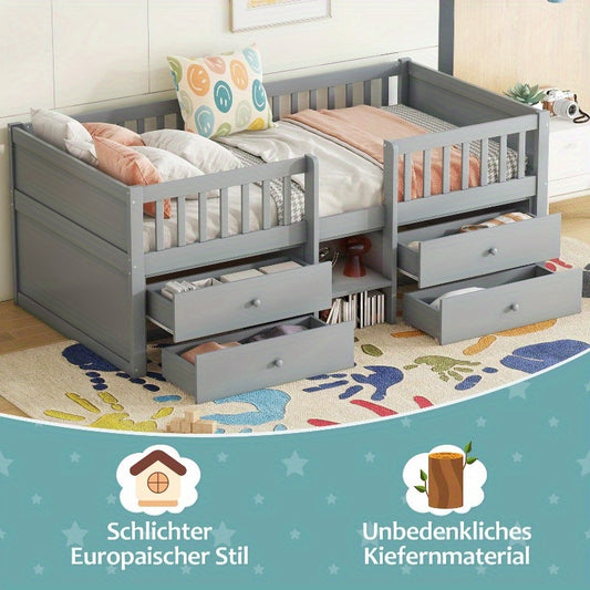 Halfhoogslaper – Hoogslaper – Bed met Opberglades – Stapelbed – Platformbed – Stevig Massief Grenenhout – Ruimtebesparend 90x200 cm Grijs