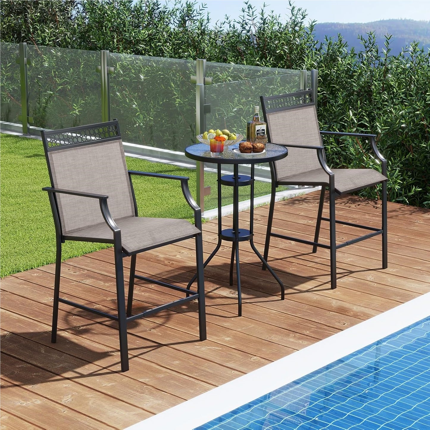 Tuinstoelen – Terrasstoelen – Buitenstoelen – Balkonstoelen – Hooge Stoelen – Sneldrogende Stof – Stevig Metalen Frame – Max. 180 kg Belastbaar – Set van 2 – Koffiekleur
