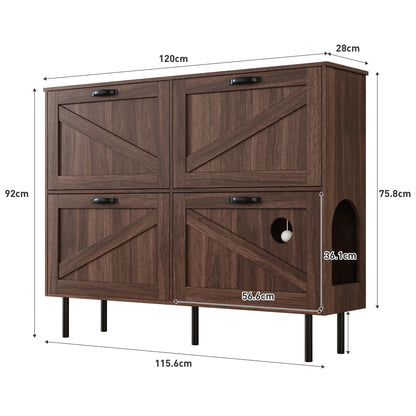 Schoenenkastje – Schoenenmeubel – Schoenenrek – Schoenenopberger – Schoenenkast – Smal Design – Notenhout Look – 3 Kantelbare Compartimenten – Met Metalen Poten – 120 cm Breed