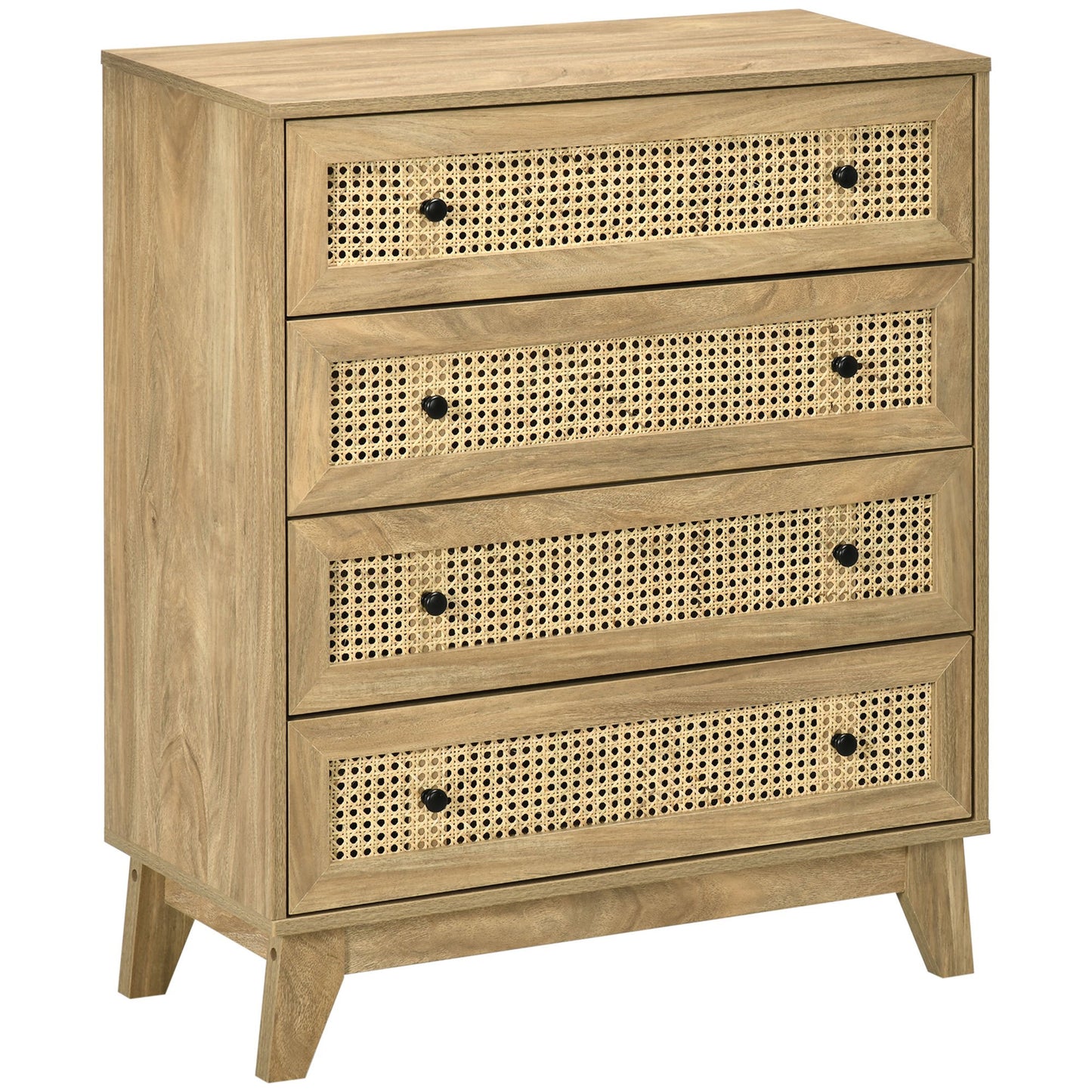 Commode – Ladekast – Dressoir – Opbergkast – Kast – 4 Lades – MDF Met Rattan Front – 80x35x95 cm – Licht Hout Effect