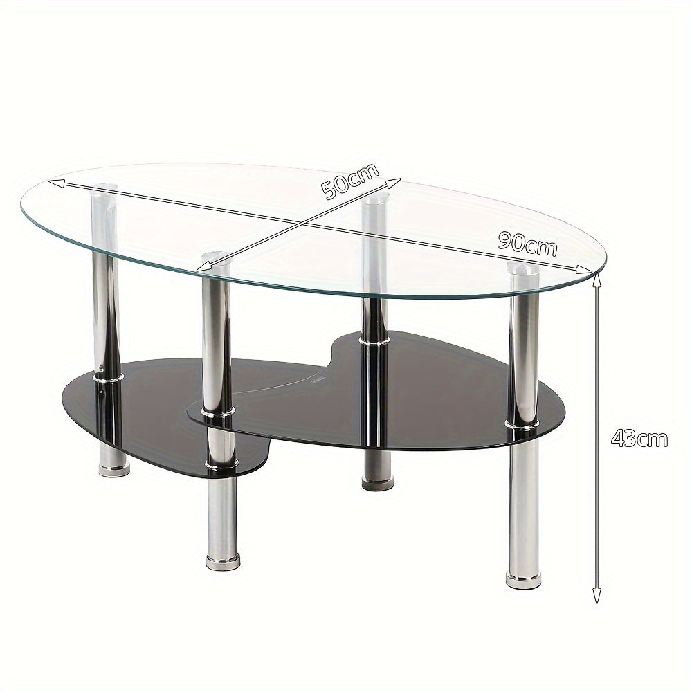 Salontafel – Koffietafel – Woonkamertafel – Lage Tafel – Ovalen Tafel – Gehard Glas – Metalen Poten – 2 Opbergniveaus – 90x50x43 cm