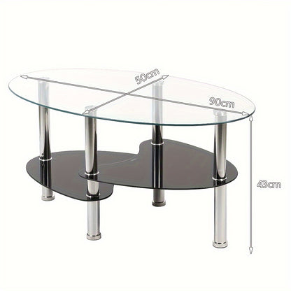 Salontafel – Koffietafel – Woonkamertafel – Lage Tafel – Ovalen Tafel – Gehard Glas – Metalen Poten – 2 Opbergniveaus – 90x50x43 cm