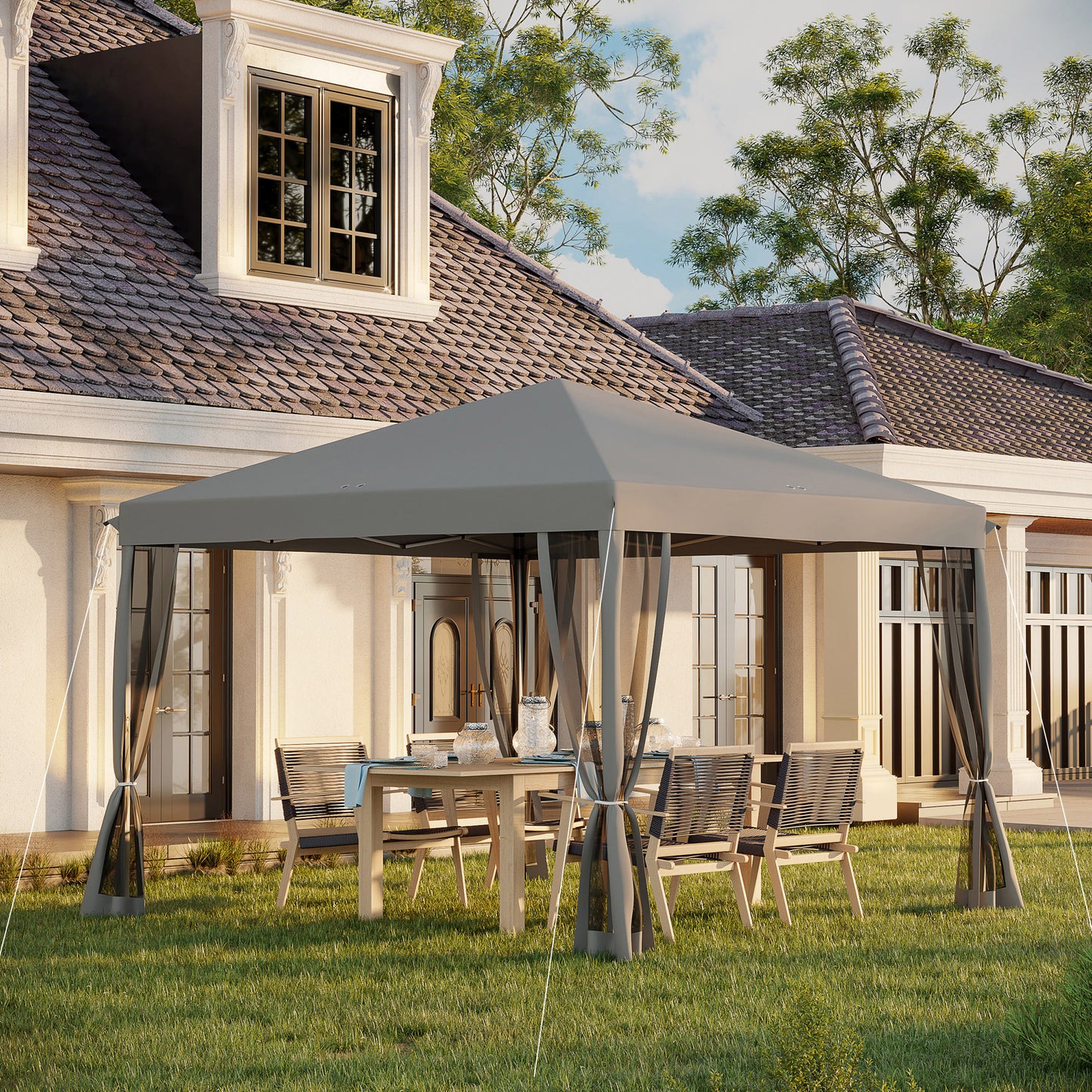 Paviljoen – Tuinkamer – Tunneltent – Partytent – Gazebo – Grijs – 3x3 Meter – 4 Afneembare Muggennetten