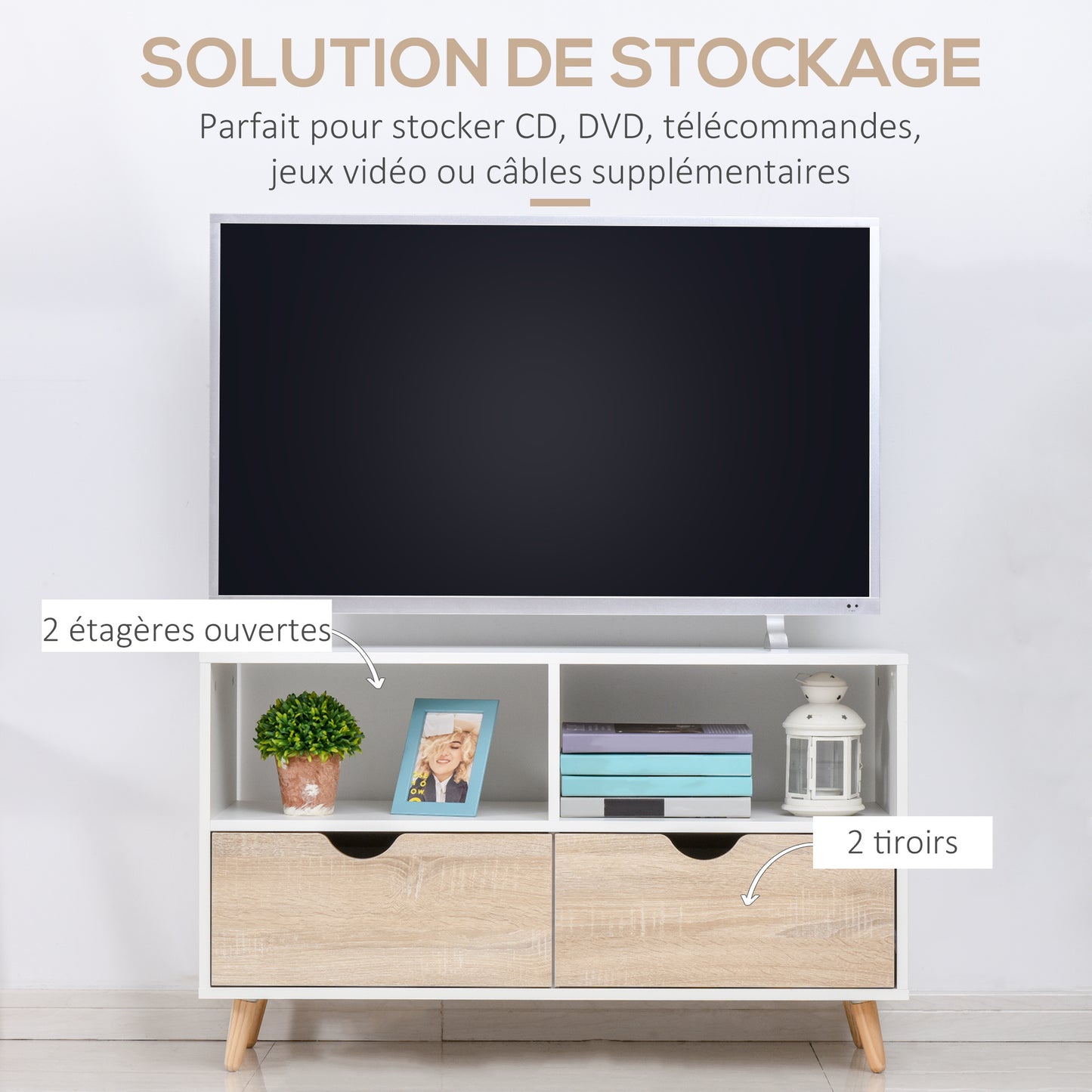 TV-meubel – TV-kast – Lowboard – Woonkamermeubel – Entertainmentmeubel – Scandinavisch design – 2 Lades – Licht Eiken Wit
