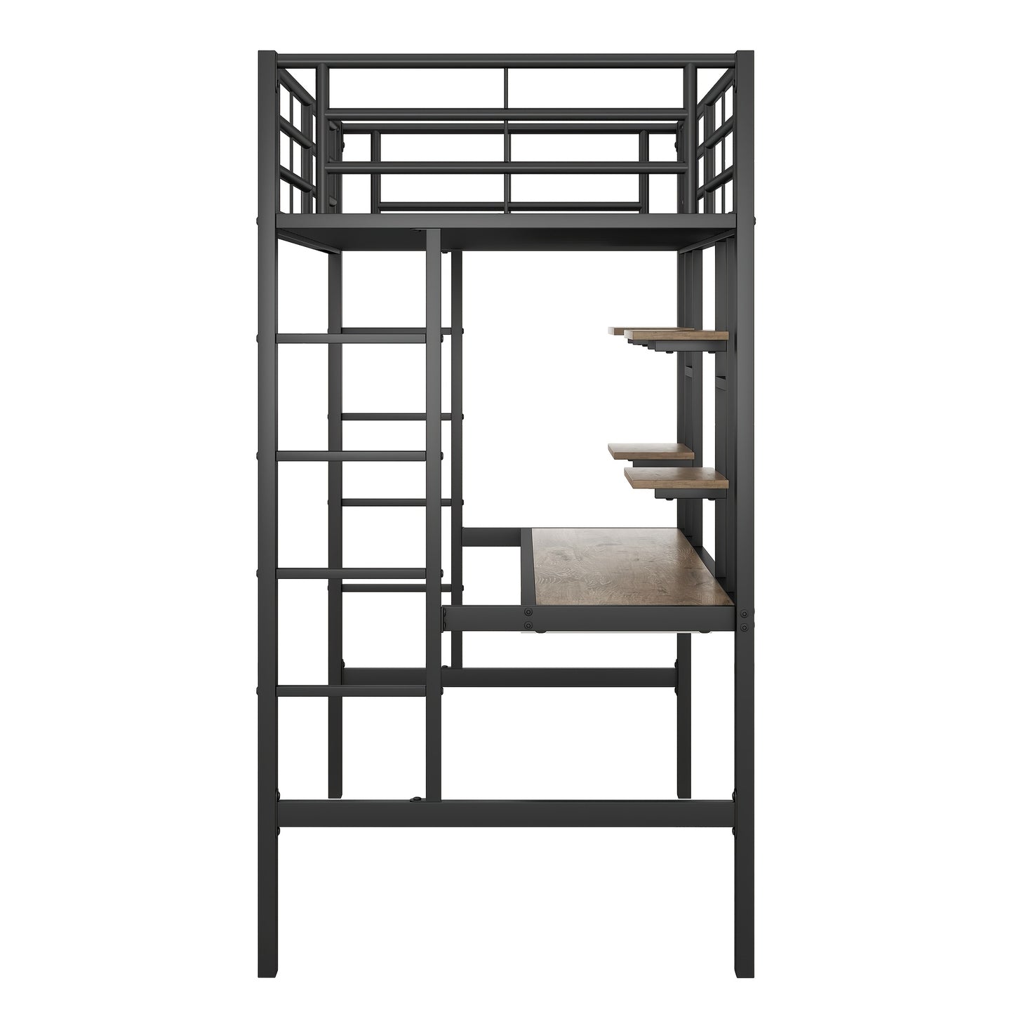 Bedframe – Metalen Bed – IJzeren Bed – Hoogslaper – Eenpersoonsbed – Inclusief Bureau En Boekenplanken – Robuust Stalen Frame – Afmeting 90x200 cm – Zwart