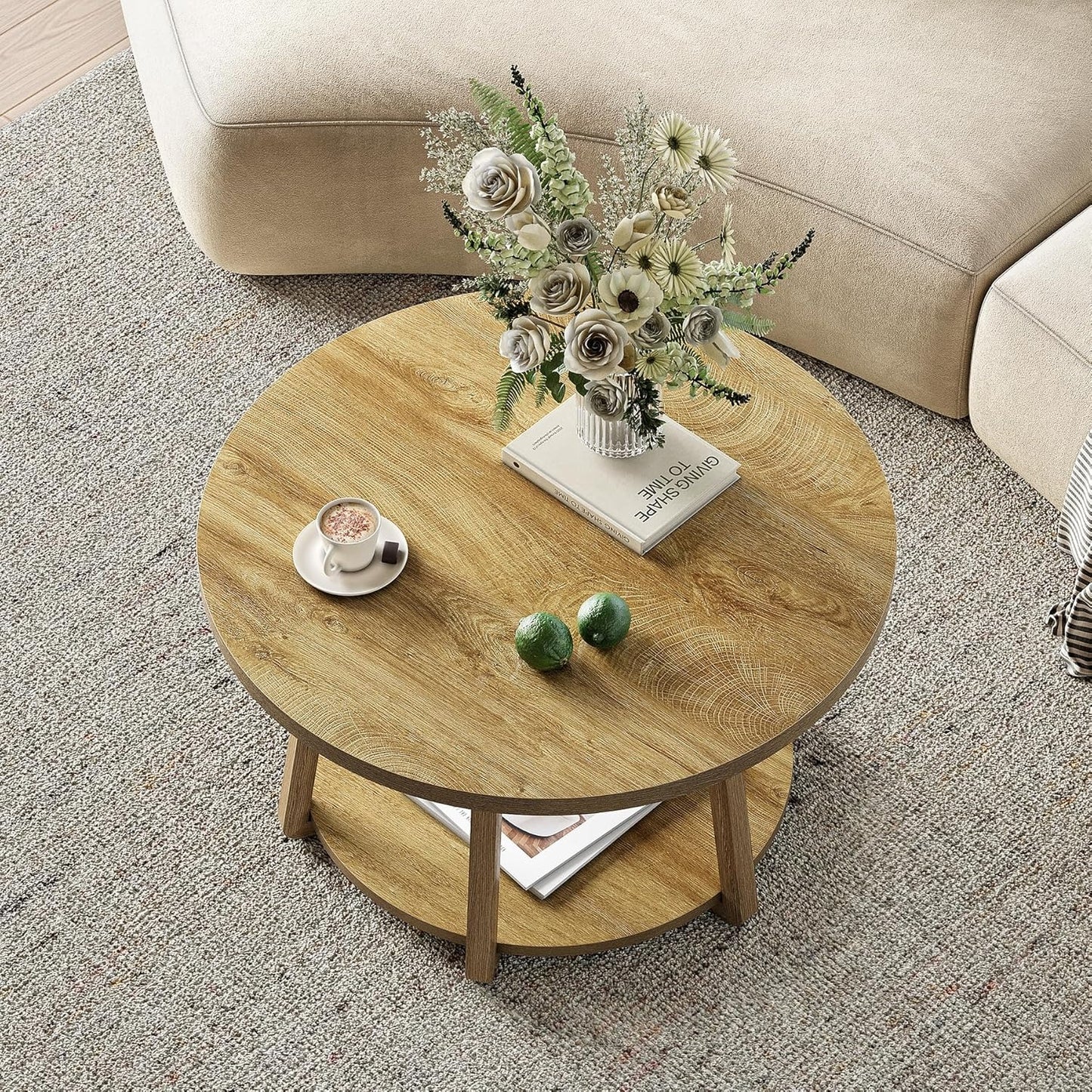 Modern Round Coffee Table with Storage Shelf - 31.5” Round (80cm) White Engineered Wood Top & Lower Shelf, Space-Saving MDF Base, Easy Assembly, Rounded Edges, 80 Weight Capacity - Contemporary Center Table for Living Room,