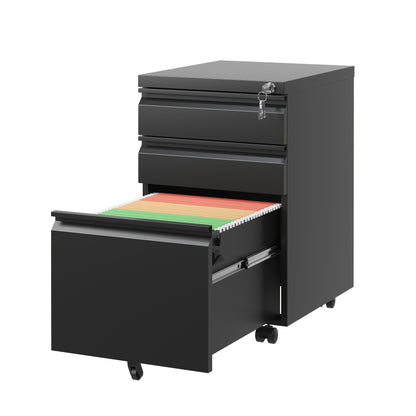 Mobiele Ladenkast – Rolcontainer – Archiefkast – Bureaulade – Kantoorkast – Metalen Constructie – 3 Afsluitbare Laden – Zwenkwieltjes – Zwart – 68,58 cm Hoog