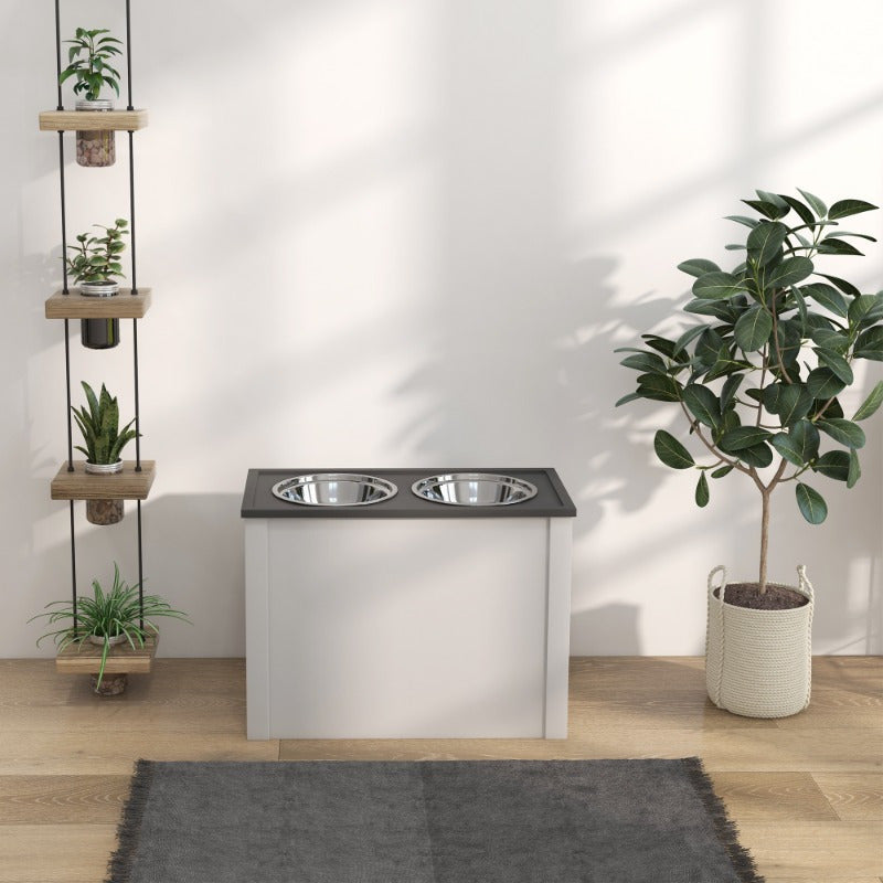 Hondenvoerbak – Voederstation – Drinkbak – Voederschalen – Voerbakhouder – Roestvrij Staal – Opbergruimte 2L – Verhoogd Design – Wit
