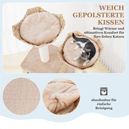 Krabpaal – Kattenpaal – Klimpaal – Krabmeubel – Krabton – Multilevel Klim- en Speelpaal – Sisal Krabpalen – Handgeweven Rattan Met Kussen – Beige – 122 Cm Hoog