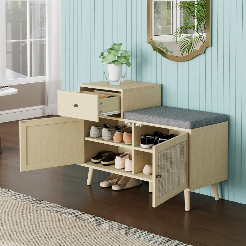 Schoenenbank – Schoenenkast – Halbank – Schoenopberger – Opbergmeubel – Rattan Geweven Deuren – Geïntegreerde Opberglade – Bekleed Zitoppervlak – Metaal Met Houtlook – 90x35x65 cm