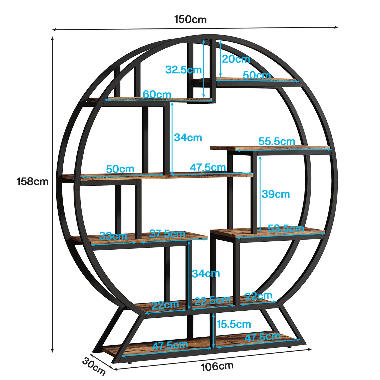 Boekenplank – Boekenkast – Wandrek – Opbergplank – Displayplank – Industrieel Design – 160 cm Hoog – Mat Zwart Metaal Met Bruine Spaanplaat