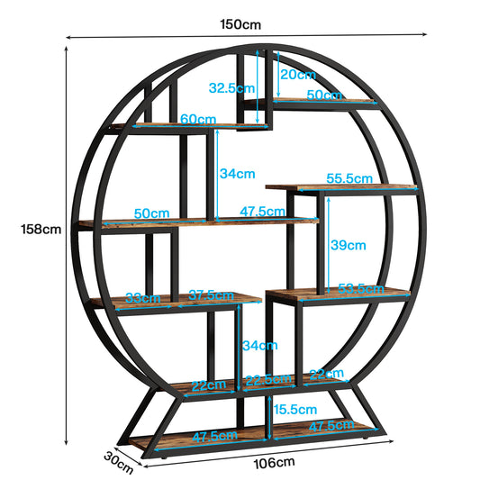 Boekenplank – Boekenkast – Wandrek – Opbergplank – Displayplank – Industrieel Design – 160 cm Hoog – Mat Zwart Metaal Met Bruine Spaanplaat