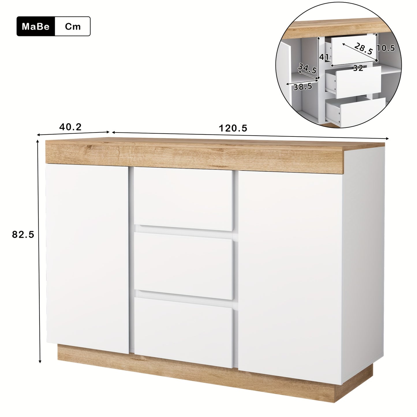 Ladekast – Commodes – Opbergkast – Dressoir – Ladenkast – Wit + Eiken – 3 Laden en 2 Deuren – Bamboe Materiaal & Minstens 68,58 cm Hoogte