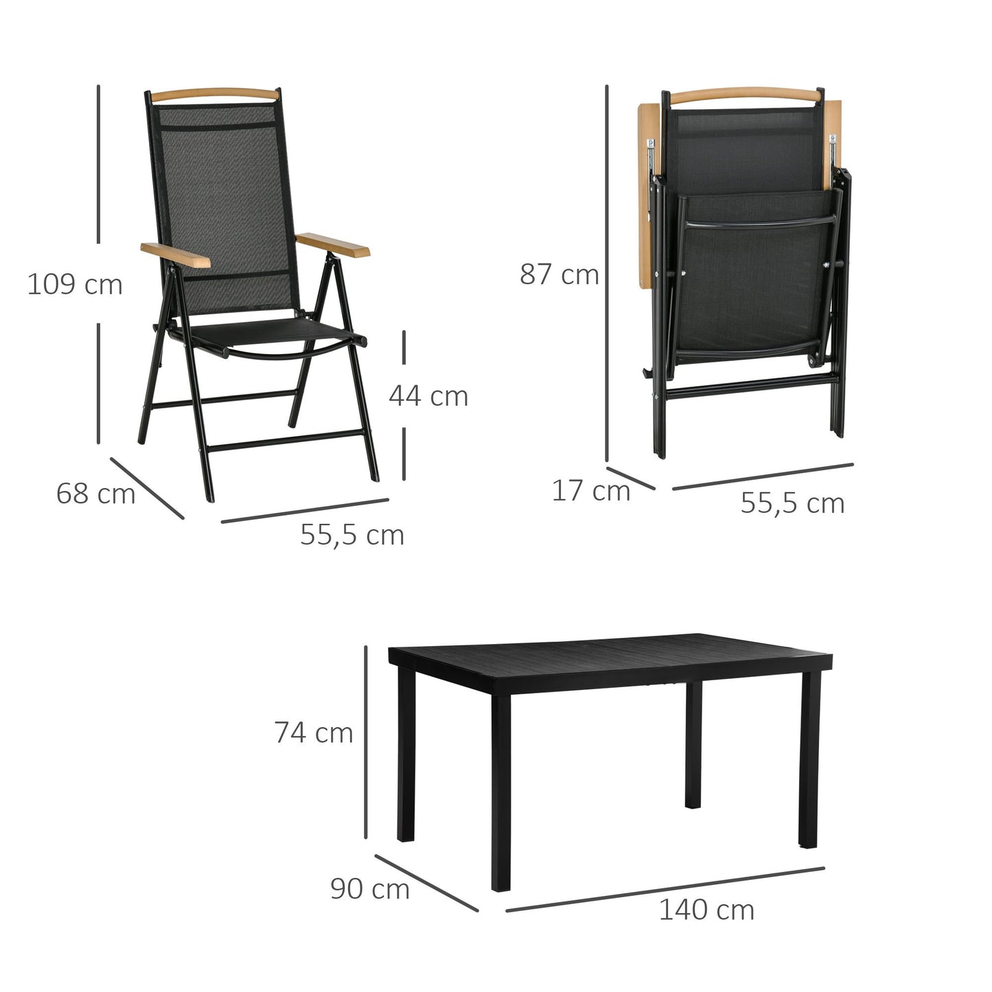 Tuinset 6 Personen – Tuinmeubelset – Buitenmeubelen – Terrasset – Balkonset – Verstelbare Rugleuningen – Duurzaam Aluminium Frame – Houtlook Tafelblad – Inklapbare Stoelen – Zwart
