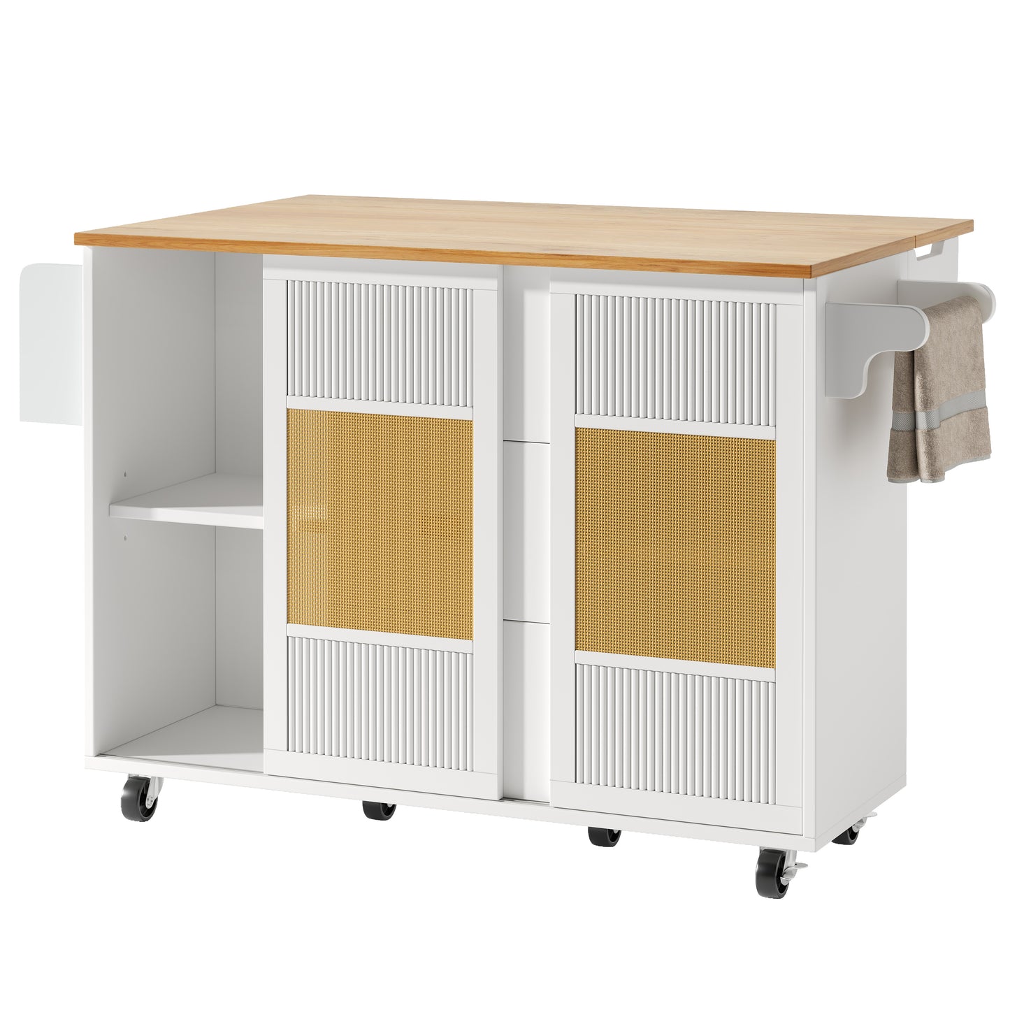 Keukenkar – Keukenwagen – Keukentrolley – Keukenmeubel – Keukenbuffet – Uitklapbaar Werkblad – Rattan Deuren Wit 146,85×42/70×90 cm