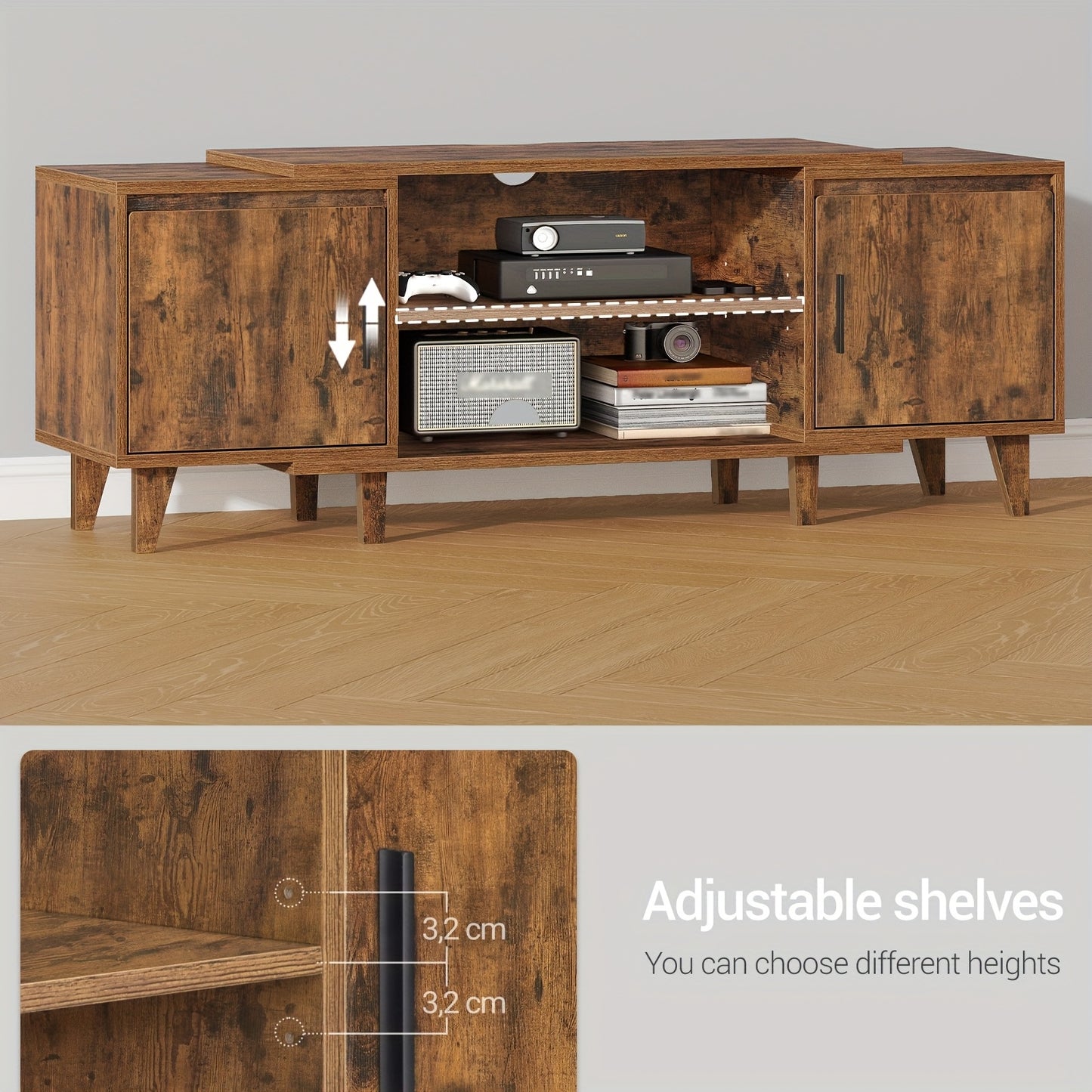 Tv Meubel – Tv Kast – Tv Stand – Mediameubel – Entertainment Center – Bruin – Voor Tv’s Tot 60 Inch – Met 2 Kasten En 2 Open Vakken – Afmetingen 40x140x51,5 cm