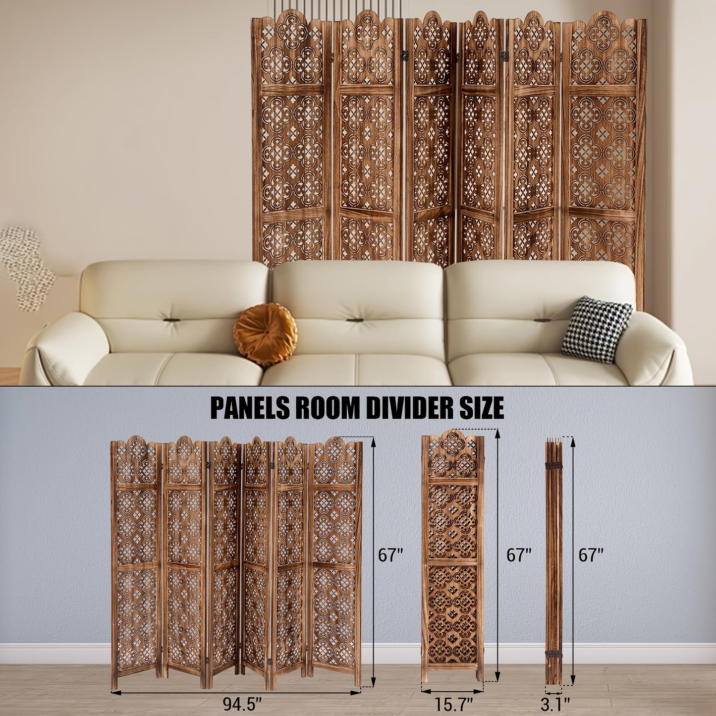 Carved Wood Room Divider Panel | Hardwood, Classic Style, Brown Color, Folding Screen for Home Office Garden Terrace - MERXENG