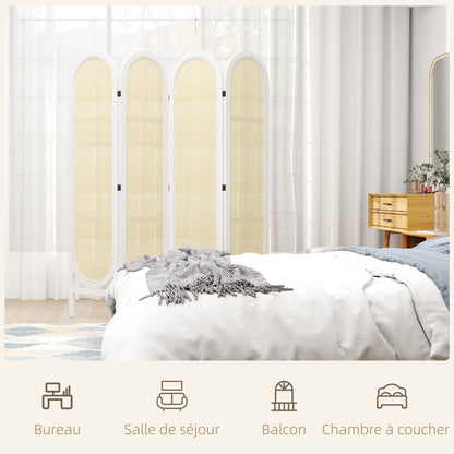Kamerscherm – Room Divider – Scheidingswand – Vouwscherm – Privacy Scherm – Wit – 4 Panelen – Lichtgewicht Paulownia Hout & Kunstrotan