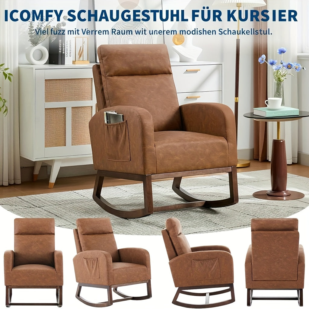 Schommelstoel – Schommelstoel met Hoge Rugleuning – Draaistoel – Relaxfauteuil – Loungefauteuil – Kunstleer Met Memory Foam – Stevig Beukenhouten Frame