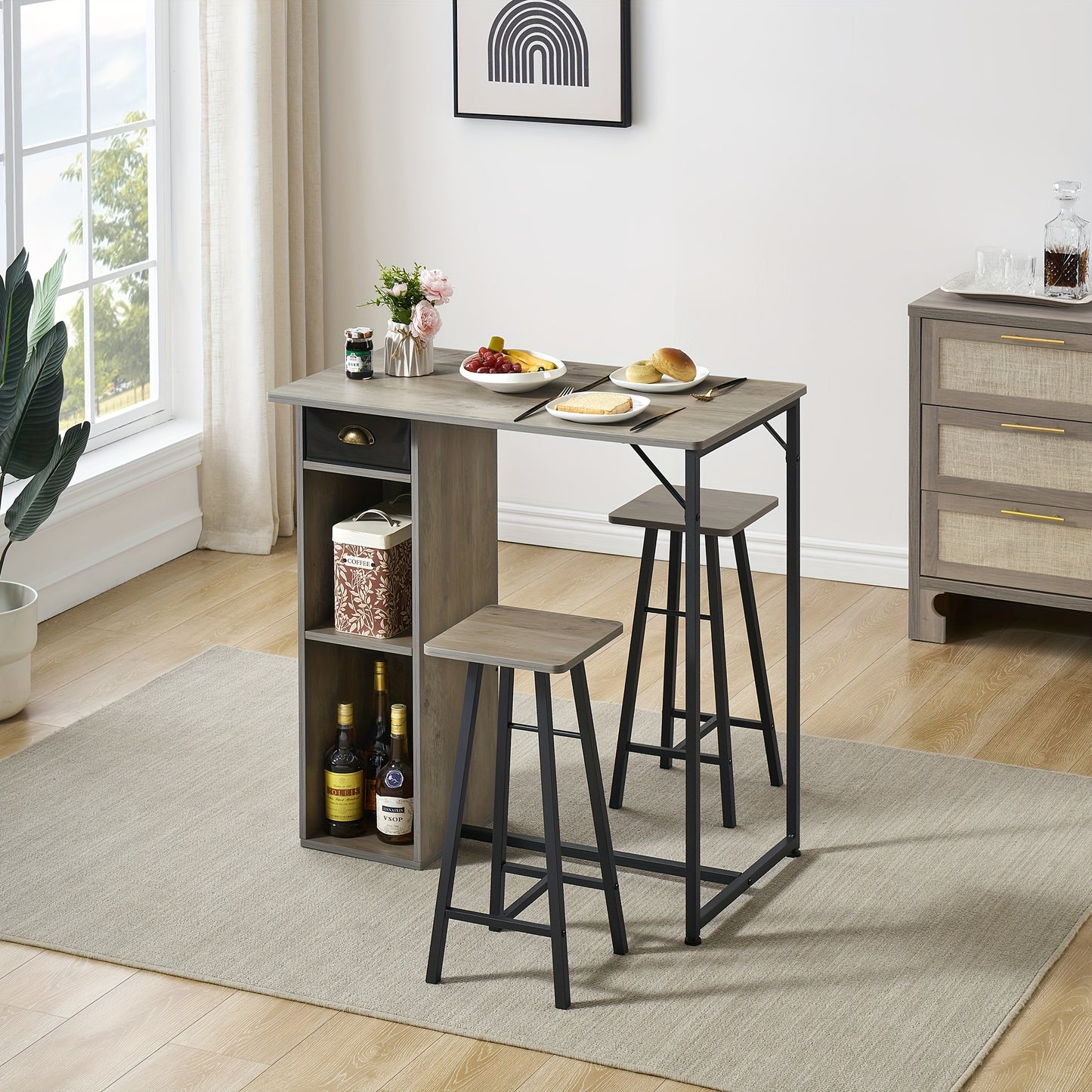 Eettafelset – Eettafel – Barkrukken – Barset – Keukentafel – Compact ontwerp – Opberglade en planken – Rustiek grijs