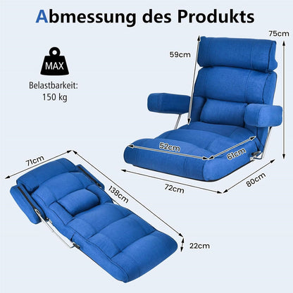 Vloerstoel – Zitzak – Meditatiestoel – Gamingstoel – Relaxfauteuil – Verstelbare Rugleuning 90-180° – Inklapbare Armleuningen – Blauw
