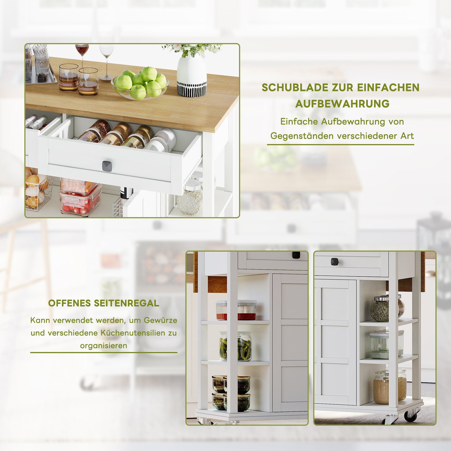 Keukentrolley – Keukenwagen – Serveerwagen – Opbergwagen – Werkbank – Uitschuifbaar Werkblad 120×65 cm – MDF Melamine Water- en Krasbestendig – Met 2 Lades, Opbergruimte en Wieltjes Wit