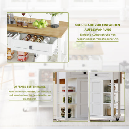 Keukentrolley – Keukenwagen – Serveerwagen – Opbergwagen – Werkbank – Uitschuifbaar Werkblad 120×65 cm – MDF Melamine Water- en Krasbestendig – Met 2 Lades, Opbergruimte en Wieltjes Wit