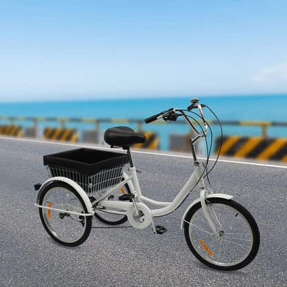 Driewieler – Driewieler Fiets – Volwassenen Driewieler – Driewieler Met Mand – Driewieler 3-Wiel – Wit – 50,8 cm – 8 Versnellingen – Verstelbaar Zadel