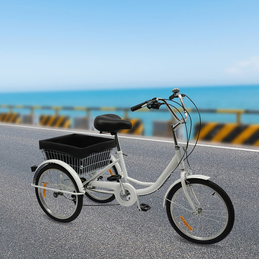 Driewieler – Driewieler Fiets – Volwassenen Driewieler – Driewieler Met Mand – Driewieler 3-Wiel – Wit – 50,8 cm – 8 Versnellingen – Verstelbaar Zadel