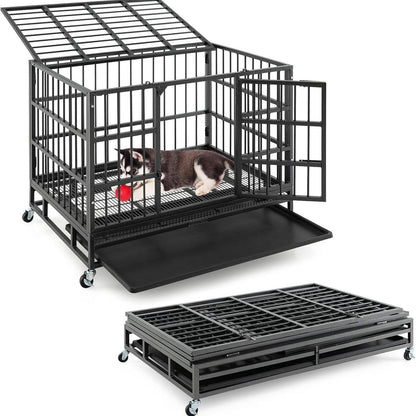 Hondenbench – Bench – Hondenkooi – Transportbench – Draadkooi – Opvouwbaar – Metaal – 2 Deuren – 4 Zwenkwielen – Uitneembare Bodem – 96 x 65 x 77 cm